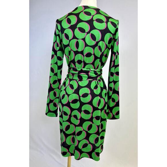 Diane Von Furstenberg Green Pink Geometric 100% Silk Long Sleeve Mini Dress Sz 2 - Picture 4 of 11